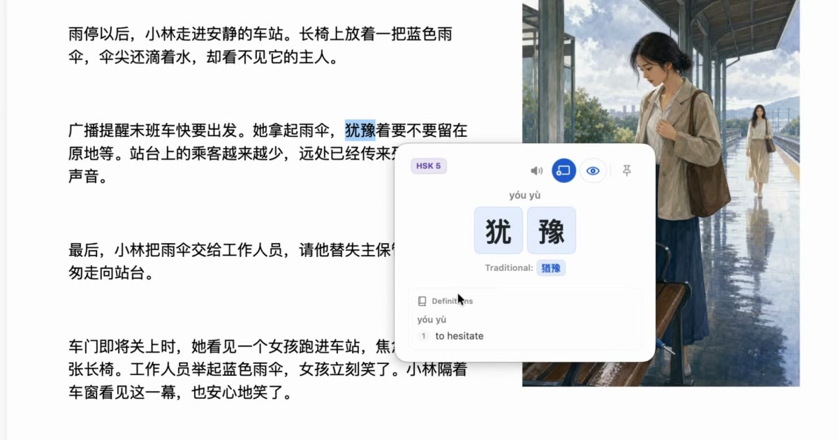 Zhenzhu showing the pinyin, HSK level and definition of 犹豫 in a popup beside a Chinese PDF on a Mac.